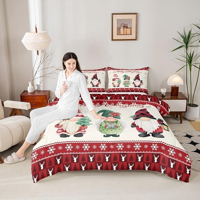 Merry Christmas Kids Comforter Set Queen Size,Deer Antler Santa Claus Bedding,Girls Boys Adults Bedroom/Xmas Cabin Decor,Snowflake Pine Trees Plaid Down Comforter,Rustic Duvet Insert,2 Pillowcases