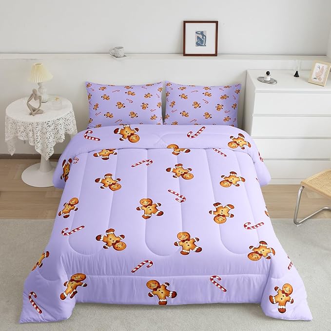 jejeloiu Kids Cute Gingerbread Man Comforter Set Twin Size Christmas Theme Bedding Set for Boys Girls Teens Xmas Candy Cane Happy New Year Purple Duvet Quilt Room Decor