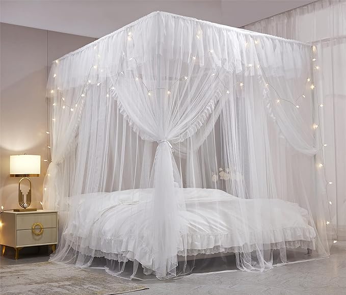 VETHIN 4 Corners Post Ruffle Princess Bed Canopy Curtain-Double Layer Cozy Drape Netting 4 Opening Mosquito Net for Girls Adults Bedroom Decoration (White/White, 78" W*86" L*82"*H/(King))