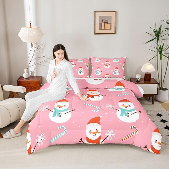 Feelyou Pink Christmas Bedding Set Soft for Boys Girls, Snowman Comforter Set Toddler Size Snowflake Duvet Quilt Microfiber Candy Cane Bedroom Decor 2 Pcs with 1 Pillow Cases