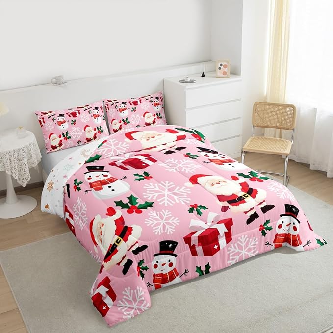 jejeloiu Merry Christmas Comforter Set King Size Xmas Santa Claus Bedding Set for Kids Boys Girls Cute Snowman Duvet Quilt Pink Bedroom Decor