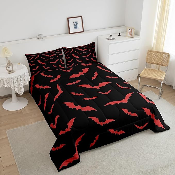 Erosebridal Bat Bedding Set Halloween Comforter Set with 2 Pillow Cases Red Bats Animals Quilt Full Size for Kids Boys Bedroom Holiday Gothic Spooky Style Quilt