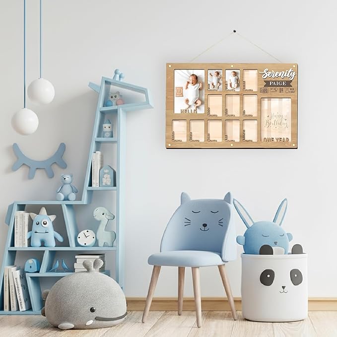 First Year Photo Board – 12 Months Baby Picture Frame, My First Year Wooden Photo Display, Holds Two 4x6 Photos and Twelve 2x3 Pictures, Nursery Wall Frame Décor