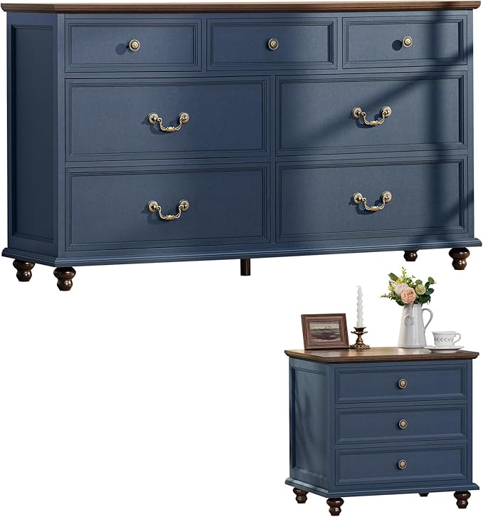 Farmhouse Dresser and Nightstand Sets, Wooden 7 Drawers Dresser & 24" Night Stand with 3 Drawers, 2 Piece Bedroom Furniture Set, Chest of Drawers for Bedroom, Home, Living Room, Hallway
