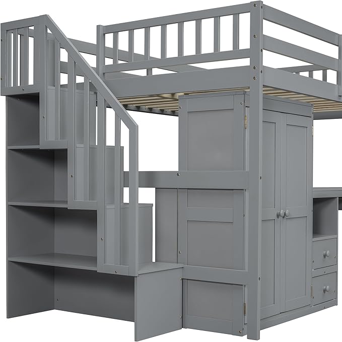 Merax Full Multifunction Loft Bed with Desk, Wardrobe, Drawers, Wood Loft Bed with Staircase & Full Length Gardrails for Boys, Girls, No Box Spring Needed Gray