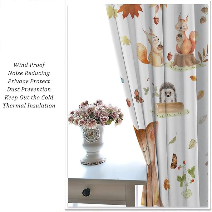 Fall Animails Curtains for Kids, Rustic Cute Woodland Wild Animal Window Treatments Watercolor Autumn Leaves Cartoon Fox Deer Window Drapes for Nursery Toddler Bedroom 42x63in
