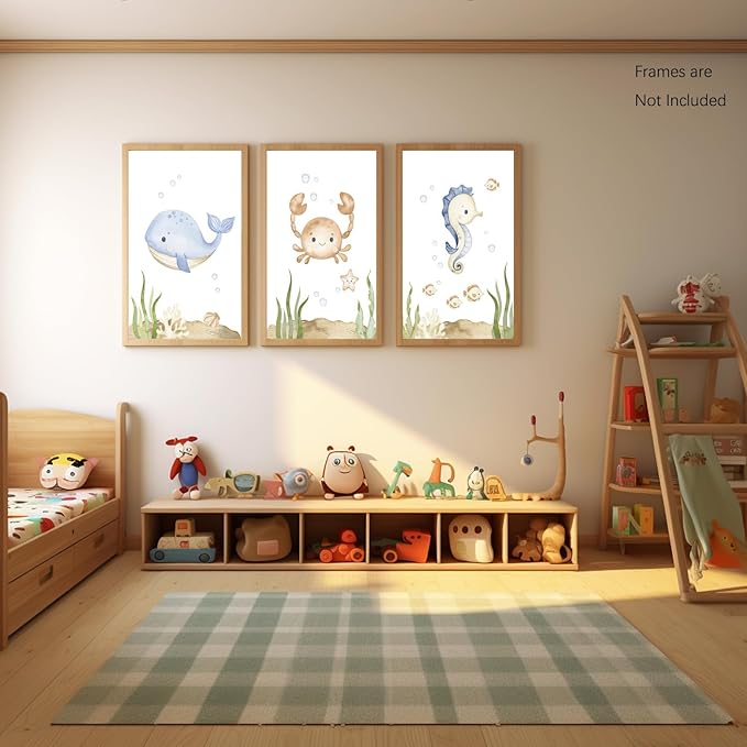 Wodkwq Nursery Wall Art Sea Animal Canvas Prints Baby Girl Boy Room Decor Watercolor Paintings Pictures Cute Ocean Theme Toddler Room Decoration Set of 3 for Kids Bedroom Bathroom 16x24in Unframed