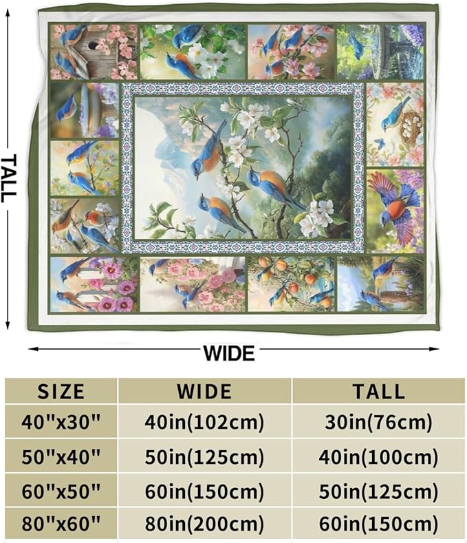 Blue Hummingbirds Blanket Moutain Flowers Bird Throw Blankets Gifts for Girls Boys Women Cozy Warm Soft Fuzzy Flannel Throw Plush Stuffed Animal Fleece Gifts for Kids Men Women for Sofa Bed 60" x80"