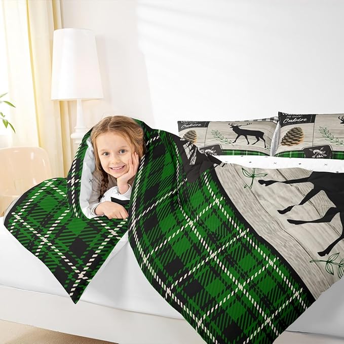 Deer Silhouette Kids Comforter Set Full Size,Old Plank Leaves Bedding,Girls Boys Adults Bedroom/Xmas Cabin Decor,Geometric Grid Plaid Retro Down Comforter,Rustic Farmhouse Duvet Insert,2 Pillowcases