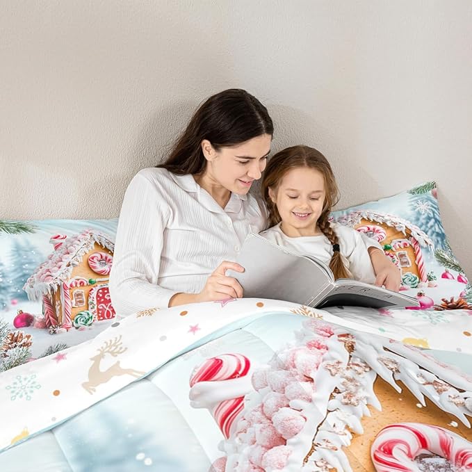 Feelyou Christmas Snowscape House Landscape Bedding Set Soft for Boys Girls,Gingerbread House Comforter Set Queen Size Candy Canes Duvet Quilt Pine Branches Bedroom Decor 3 Pcs with 2 Pillow Cases