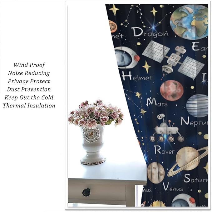 Cartoon Kids Alphabet Astronaut Curtain，Retro Cute Cosmic Galaxy Letter Printed Rod Pocket Blackout Window Treatments for Boys Girls Bedroom Living Room School 72" W X 63" L