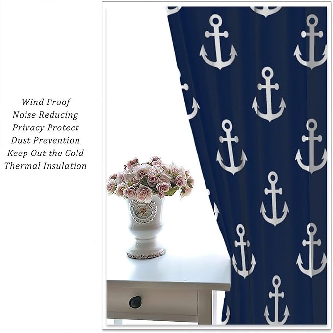 Nautical Costal Curtains,MarineThemed Oceanic Anchor Pattern Blackout Print Home Bedroom Living Room Window Treatments 2 Panel Set 52x84 Inch