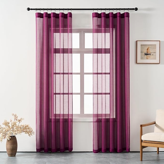 Plum Purple Curtains Sheer 108 Inches Long, Dark Linen Look Textured Light Filtering Drapes, Rustic Eggplant Transparent Window Decor, Floor to Ceiling Pinch Pleat Curtain with Hooks