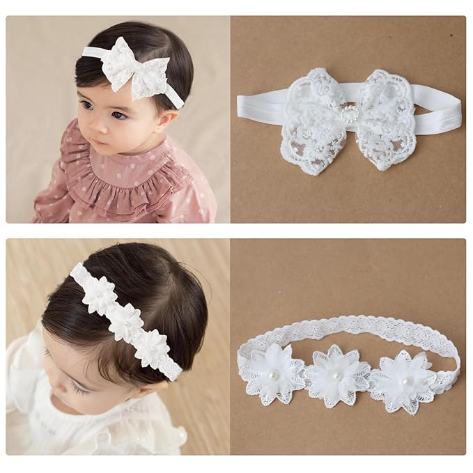 2 Pack 18-20in Elegant White Flower Christening Headbands for Baby Girl, Elastic Soft Lace with Cute Tulle Pearl Hair Strap (White flowers)