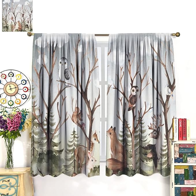 Forest Curtains, Cartoon Woodland Animals Tree Birds Moose Rabbit Mushroom Print Pattern Kids Bedroom Window Treatments Curtains 55x63in