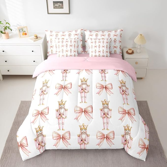 7 Pieces Cartoon Nutcracker Kids Comforter Set Full,Pink Bowknot Romantic Princess Bedding Set,Ballet Merry Christmas Bow Tie Dreamy（Comforter+Fitted+Flat Sheet+2 Pillowcases+2 Throw Pillow Covers）