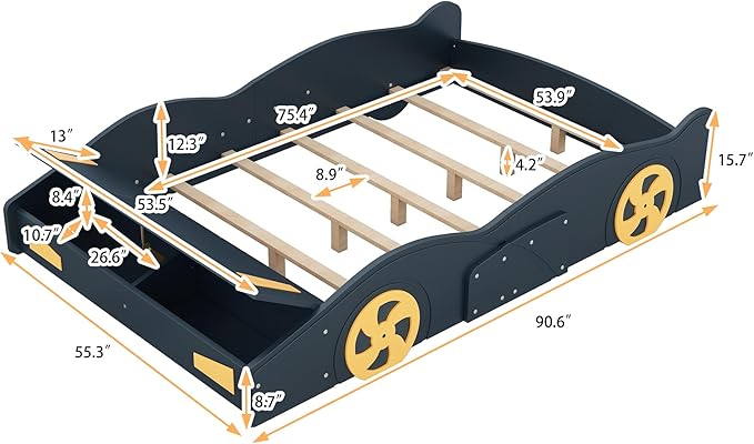 Harper & Bright Designs Full Size Race Car-Shaped Platform Bed with Wheels and Storage, Dark Blue+Yellow