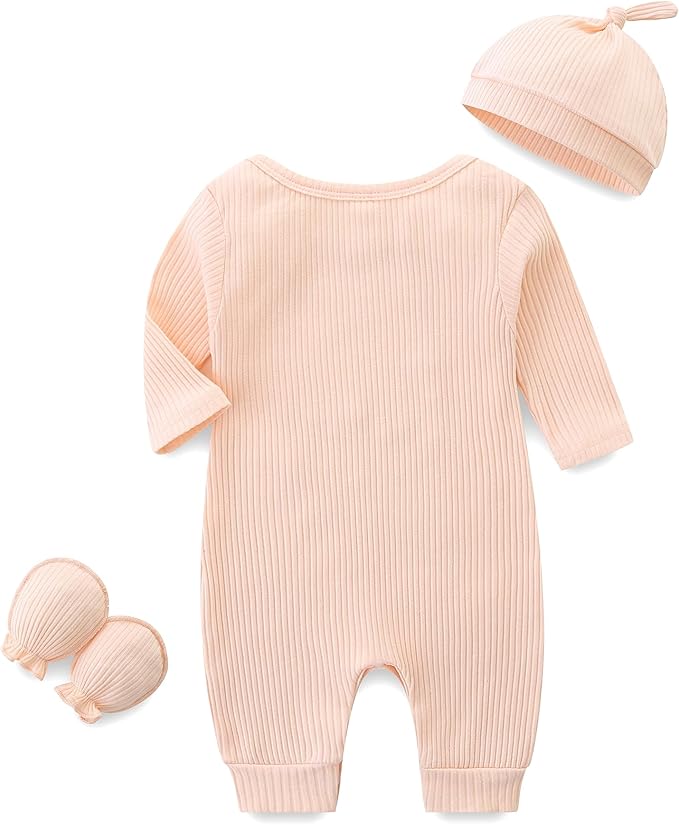 Baby Romper with Baby Mittens & Newborn Hats Footless Long Sleeve Solid Onesie Hi Im New Here