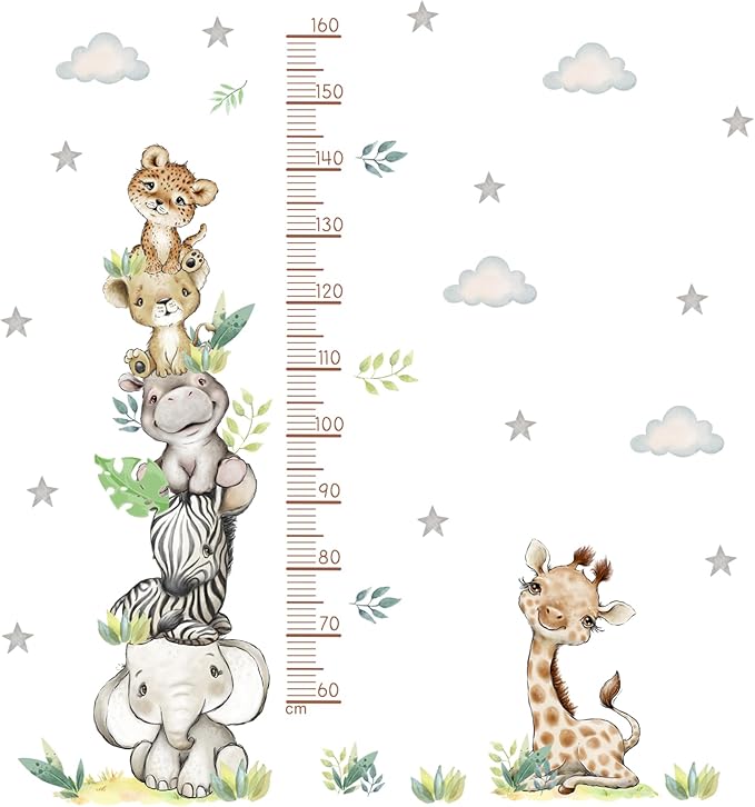 Jungle Animals Height Chart Sticker for Kids Height Measurement Growth Chart Wall Decals Cartoon Animals Giraffe Elephant Height Measurement Ruler Wall Decor for Kids Baby Bedroom Classroom Decoration