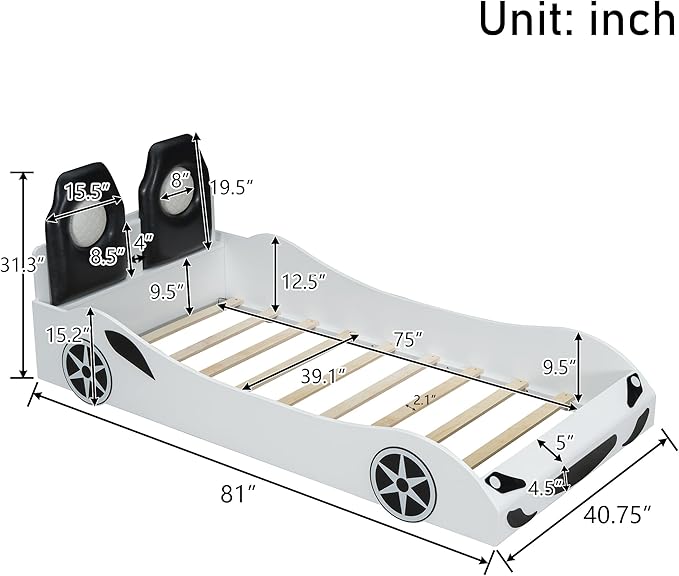 Kids Car Bed Frame Twin Size Car-Shaped Platform Bed with LED Lights and Upholstered Backrest, Solid Wood Car Bed Frame with Wheels and Guardrails for Boys Girls, White
