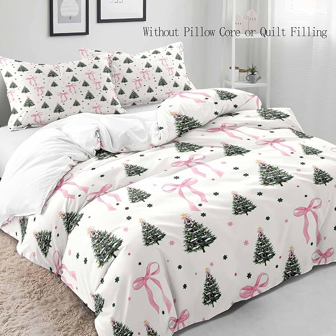 LUVIVIHOME 2PCS Pink Bow Christmas Tree Duvet Cover Twin Bedding Sets, White Duvet Cover, Teen Girls Bedding, Winter Holiday Christmas Comforter Cover, Coquette Room Decor Aesthetic, 1 Pillow Sham