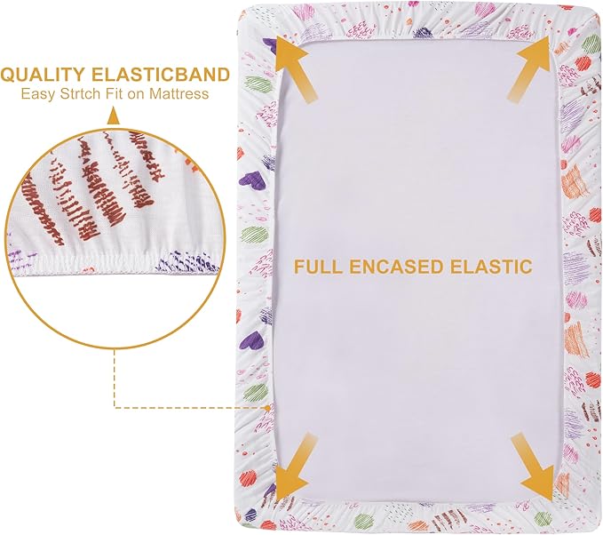 TILLYOU Mini Crib Sheets Fitted 2 Pack, Pack and Play Sheets for Toddler Mattress, Soft and Breathable 38”x 24” Pack n Play Mattresses Cover, Animal Graffiti & dot Printing