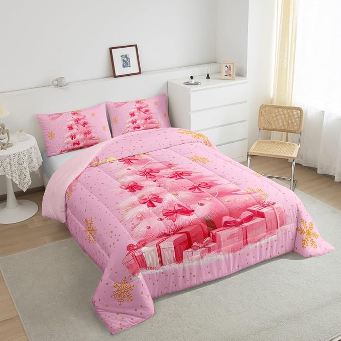 Erosebridal Xmas Tree King Bedding Sets Merry Christmas Comforter Sets for Kids Boys Girls Teens Snowflake Decorations Down Comforter Princess Bow Pink Decor Duvet Insert