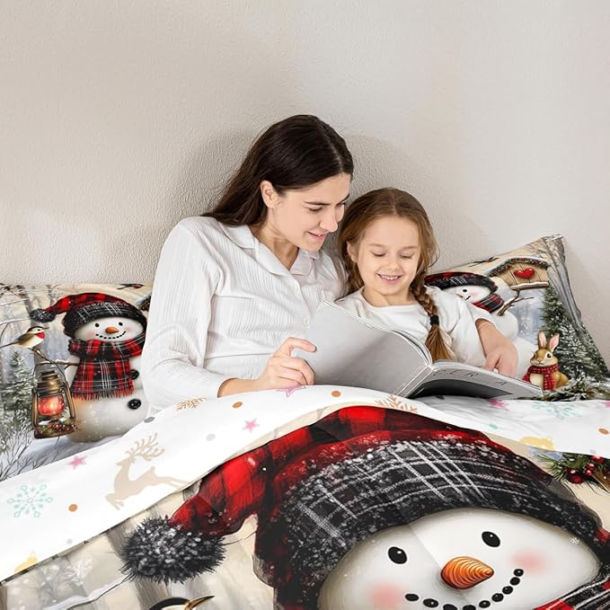 Kawaii Snowman Kids Comforter Set Queen Size,Rabbit Bird Poinsettia Bedding Set,Girl Boy Room Decor,Pine Tree Xmas Animal Snowflake Quilt Comforter,Gray Green Duvet Set Bedroom Quilt Set,2 Pillowcases