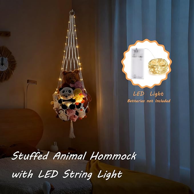 Stuffed Animal Hammock Corner Net Plushies Storage Hammock for Stuffed Animals Boho Room Decor Macrame Wall Decor with LED Light