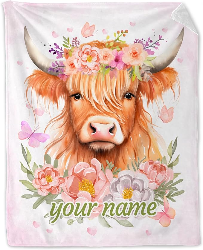 Personalized Highland Cow Blanket for Adults - 50" x 60" Inches Highland Cow Fuzzy Blanket for Teens - Pink Soft Lightweight Throw for Sofa, Bed & Travel