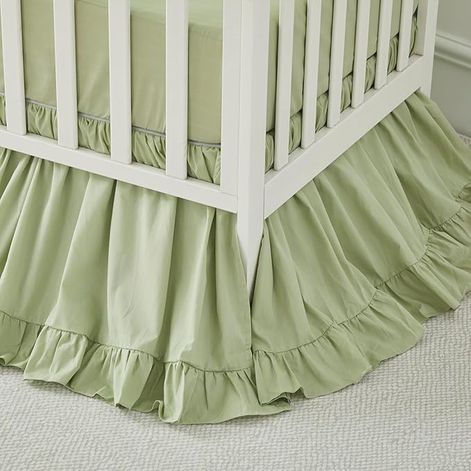 Brandream Farmhouse Crib Bedding Sets for Girls and Boys | 100% Percale Cotton 3 Piece Nursery Set Light Green Ruffles | Baby Comforter, Fitted Crib Sheet, Crib Skirt Included