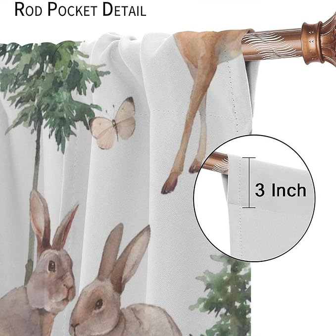 YCness Forest Animal Curtains, Wild Animals Watercolor Woodland Bear Rabbit Cartoon Window Treatments for Kids Bedroom Living Room Kitchen Living Room Drapes, 63x63 Inch