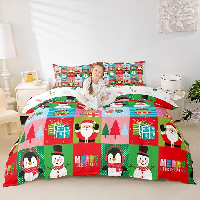 Christmas Bedding Set for Kids Boys Girls Santa Claus Christmas Tree Comforter Cover Set Colorful Geometric Grid Duvet Cover Bedroom Decor Xmas Theme Bedspread Cover Queen Size Bedding Collection 3Pcs