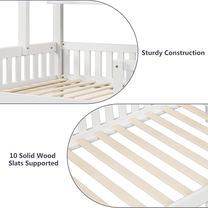 Aoowow Twin Size House Bed with Storage Drawers and Shelf,Kids Wooden Bed Frame Twin Platform Bed with Slats and Fence for Boys Girls Teens for Bedroom(White)