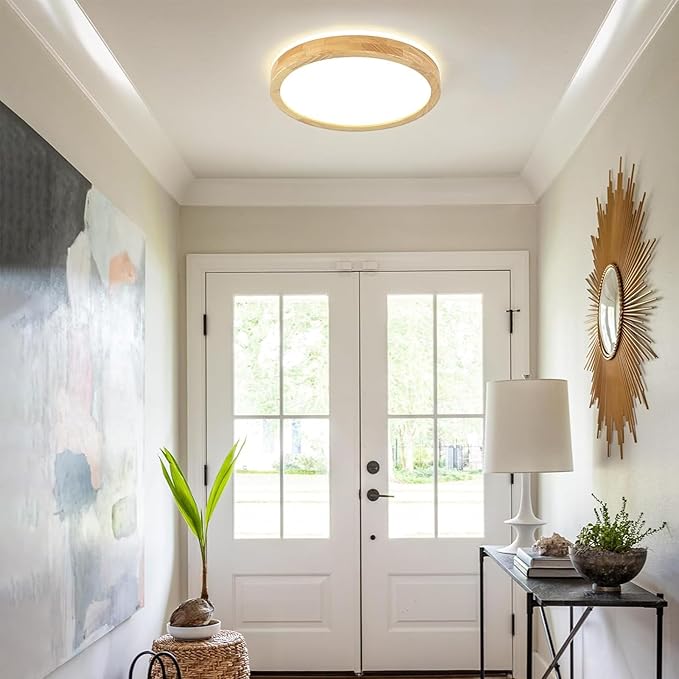 Modern Dimmable Wood Flush Mount Ceiling Light, 2700K-6000K 5CCT Round Close to Ceiling Lighting Fixtures, Minimalist LED Ceiling Lamp for Bedroom, Kitchen, Hallway, Laundry Room-11.81in