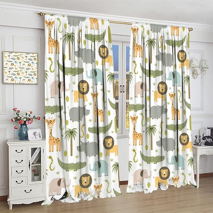 Nursery Safari Animals Window Curtains,Cartoon Woodland Jungle Forest Lion Elephant Giraffe Printed Pattern Blackout Drapes for Living Room Baby Boy Kids Bedroom 42x54 Inch