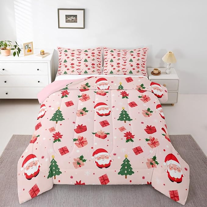 Feelyou Christmas Decor Bedding Set Soft for Boys Girls, Santa Claus Comforter Set King Size Xmas Duvet Quilt Microfiber Christmas Decor Bedroom Decor 3 Pcs with 2 Pillow Cases