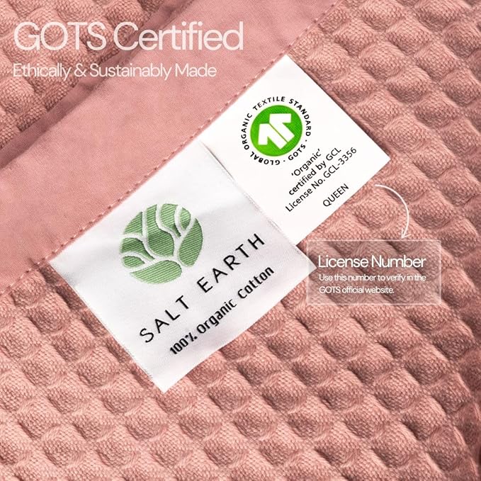 Salt Earth GOTS Certified 100% Organic Cotton Throw Blanket, 90"x90" Waffle Blankets & Throws for Bed, Throw Blanket for Couch, Cozy Christmas Blankets and Throws for Christmas Gifts (Misty Rose)