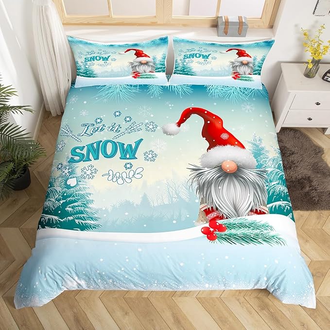 Manfei Winter Duvet Cover Set Full Size, Christmas Gnomes Bedding Set 3pcs for Kids Boys Girls Bedroom Decor, White Snowflake and Trees Print Xmas Comforter Cover with 2 Pillowcases,No Comforter