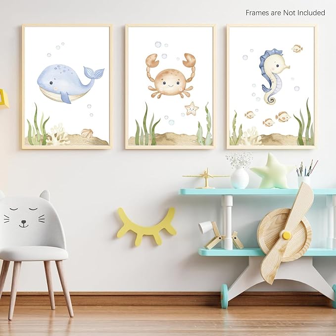 Wodkwq Nursery Wall Art Sea Animal Canvas Prints Baby Girl Boy Room Decor Watercolor Paintings Pictures Cute Ocean Theme Toddler Room Decoration Set of 3 for Kids Bedroom Bathroom 12x16in Unframed