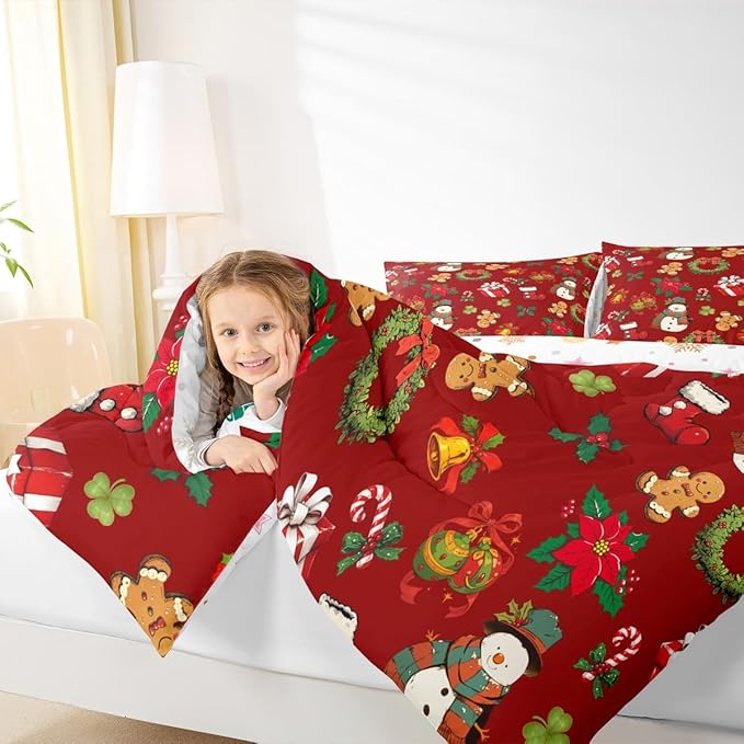 jejeloiu Merry Christmas Comforter Set Queen Size Cute Snowman Bedding Set for Kids Boys Girls Gingerbread Man Duvet Quilt Red Bedroom Decor