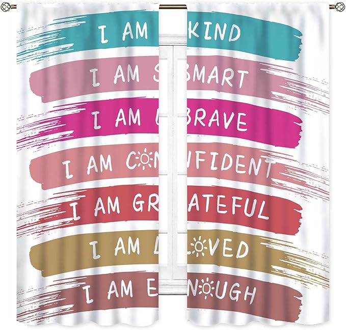 Rainbow Curtains for Classroom, Kids Girls Baby Boho Cute Inspirational Motivational Quotes Cartoon Colorful Pastel Nursery Classroom Bedroom Living Room Bathroom Window Drapes 2 Panels, 84"x84" Inch