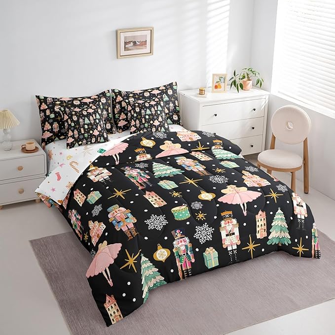 Erosebridal 7Pcs Black Christmas Comforter Set Twin Size,Nutcracker Bedding Set,Xmas Snowflake Stars Bed in A Bag,Romantic Princess Castle Quilt with Flat Fitted Sheet
