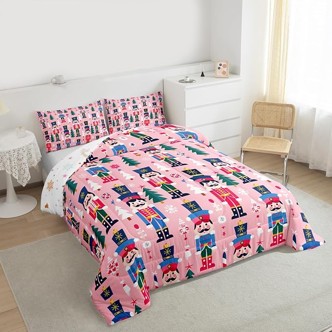 Feelyou Cute Nutcracker Kids Comforter Set King Christmas Tree Bedding Set Xmas Snowflake Duvet Quilt for Kids Boys Girls Bedroom Colorful Soldier Decor Candy-Cane Designs Microfiber Soft Breathable