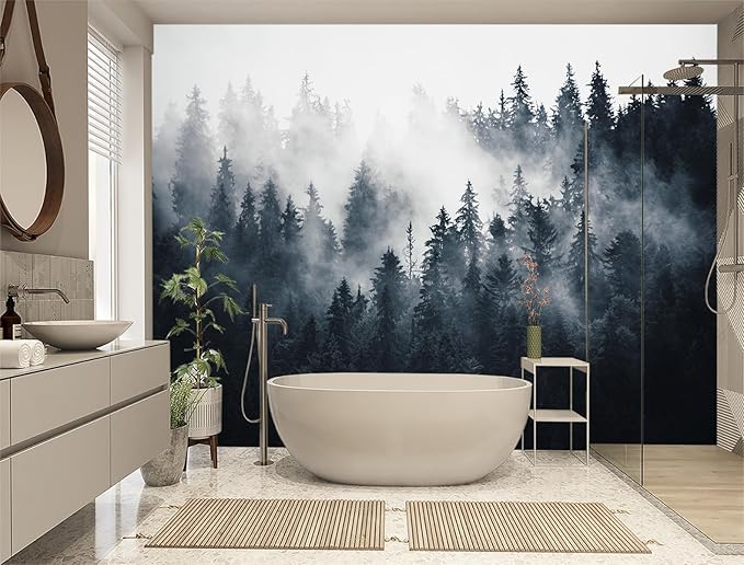 XMPMBM-Misty Forest Fabric Wallpaper Pine Forest Living Room Bedroom Bathroom Wall Mural-W 154" X H 105"（112 Square Foot）