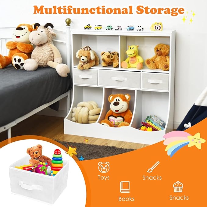 HONEY JOY Kids Toy Storage Organizer with Bookcase, 8-Cubby Organization Cabinet w/Display Shelf & 3 Removable Fabric Bins, Wooden Toy Storage Unit for Playroom, Nursery, Daycare (White)