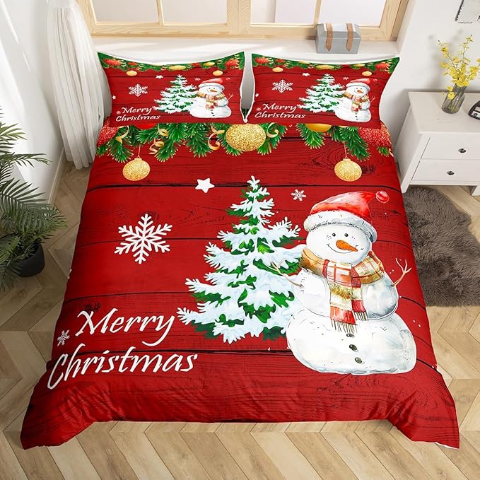 Christmas Duvet Cover Set Queen Size, Cute Snowman Tree Print Comforter Cover with 2 Pillowcases, New Year Theme Rustic Style Xmas Bedding Set 3pcs for Kids Boys Girls Bedroom Decor,No Comforter