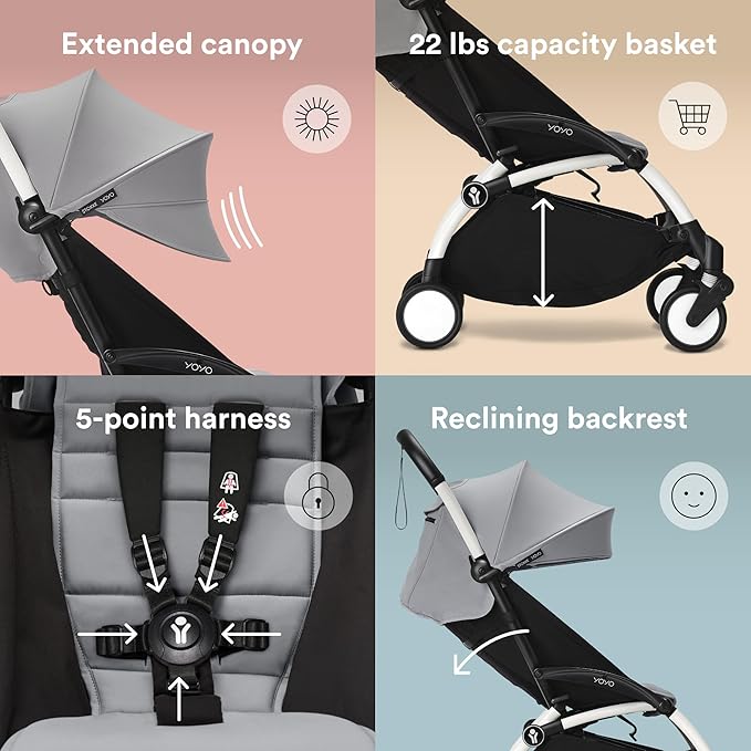 Stokke YOYO3 Stroller from 6 Months - Includes White Frame, Stone Seat Cushion & Stone Canopy - Folds in & Out in a Flash - Light & Compact - Carry-On Compatible