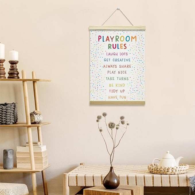 Nopoben Playroom Rules Poster Hanger Frame, Playroom Wall Art With Wooden Poster Hanger, Play Room Wall Decor, Classroom Kids Room Nursery Bedroom Decor(12x16 Inches)-22