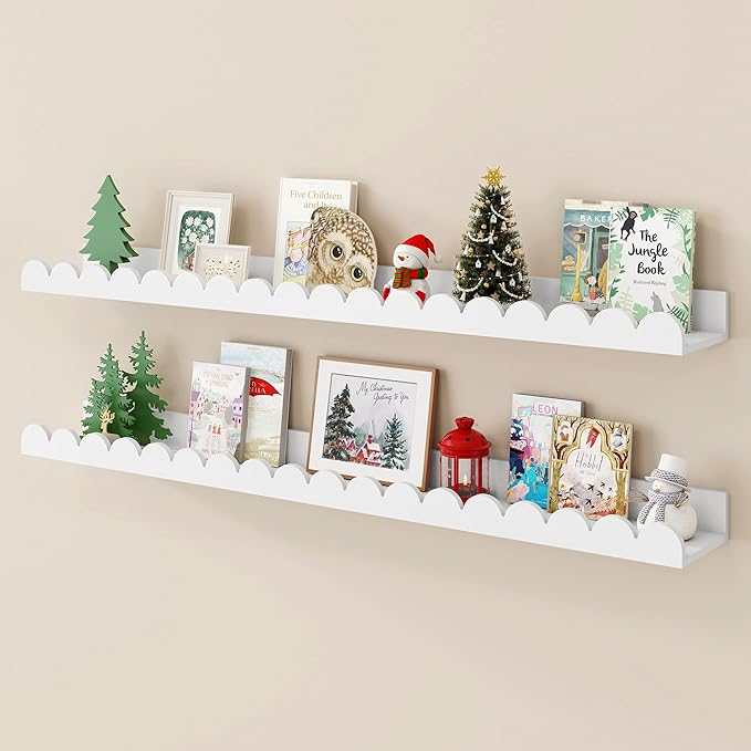 Fun Memories 36 Inch Scalloped Nursery Shelf, White Picture Ledge for Wall, Set of 2, Kids Book Shelves with Floating Design for Kids Rooms, Bedroom